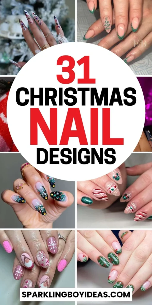 Christmas nail designs featuring snowflakes, reindeer nails, and Christmas tree nail art, perfect for the holiday season.