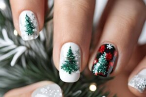 Christmas nail designs featuring snowflakes, reindeer nails, and Christmas tree nail art, perfect for the holiday season.