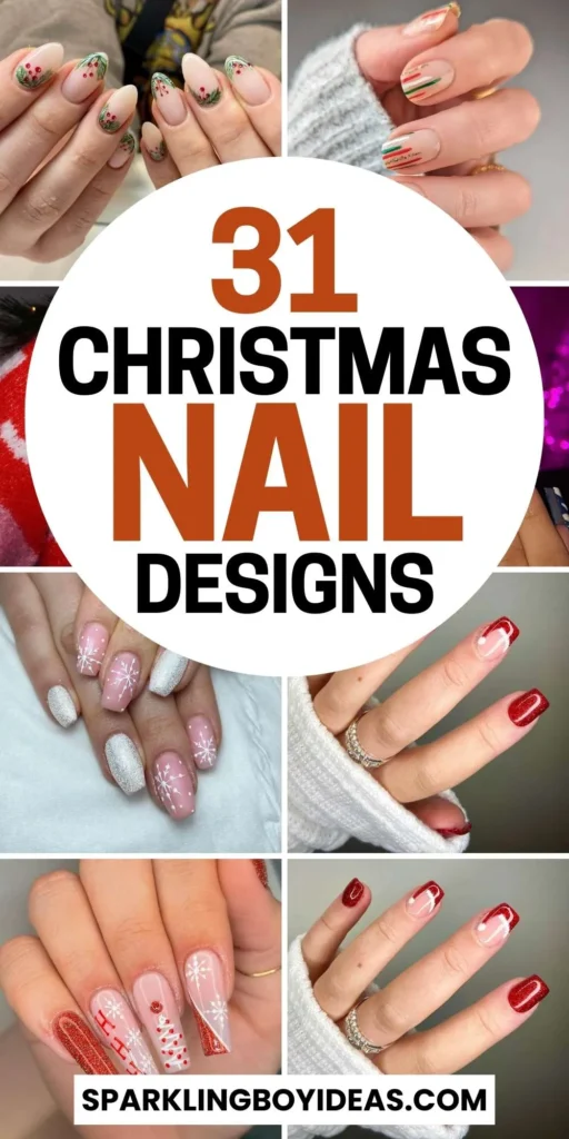 Christmas nail designs featuring snowflakes, reindeer nails, and Christmas tree nail art, perfect for the holiday season.