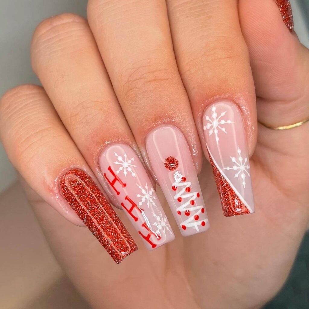 Christmas nail designs featuring snowflakes, reindeer nails, and Christmas tree nail art, perfect for the holiday season.