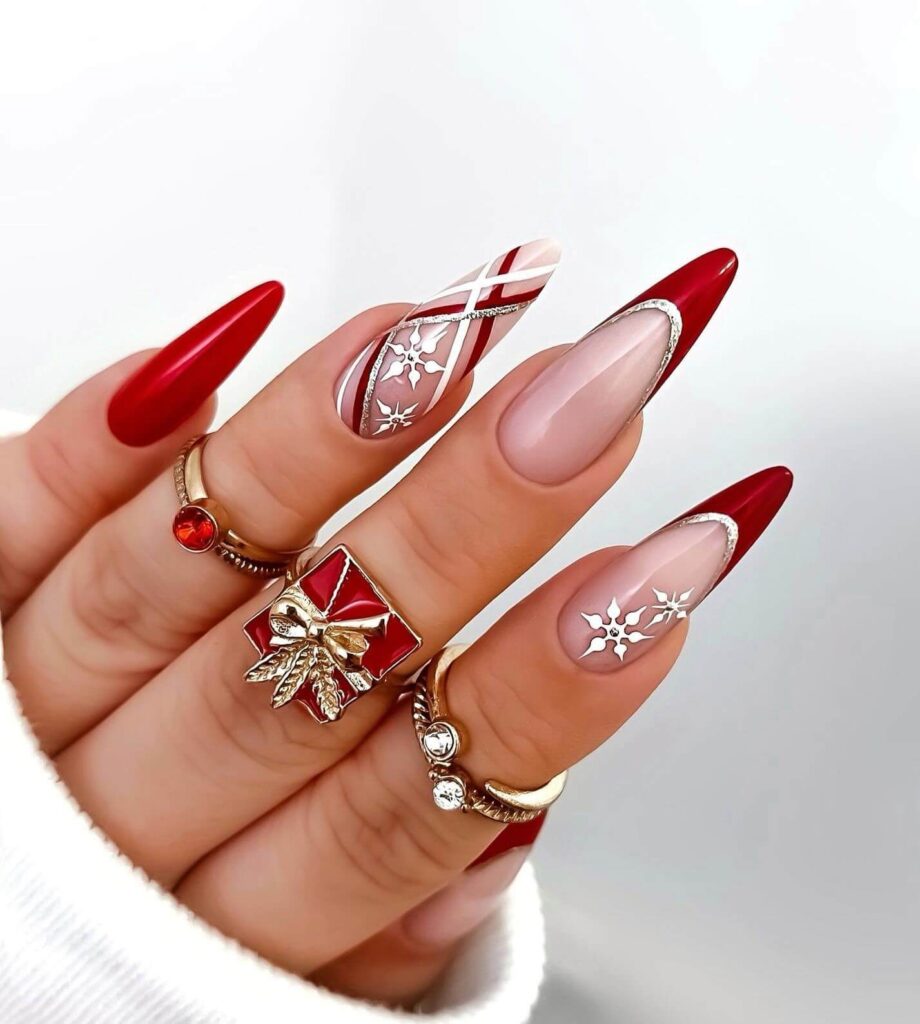 Christmas nail designs featuring snowflakes, reindeer nails, and Christmas tree nail art, perfect for the holiday season.