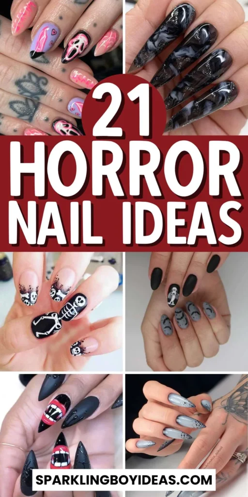 horror nails featuring creepy Halloween nails, zombie nails, and horror movie themed nails with eerie details.