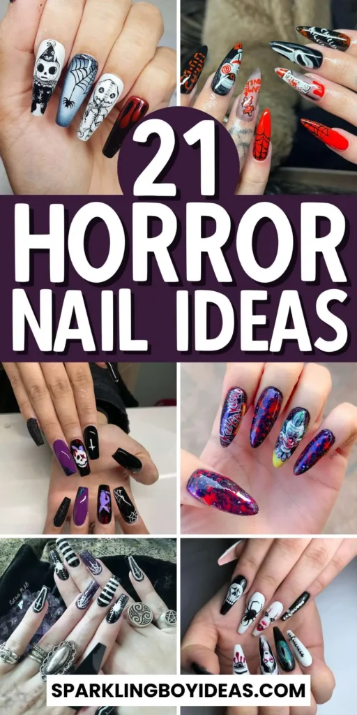 horror nails featuring creepy Halloween nails, zombie nails, and horror movie themed nails with eerie details.