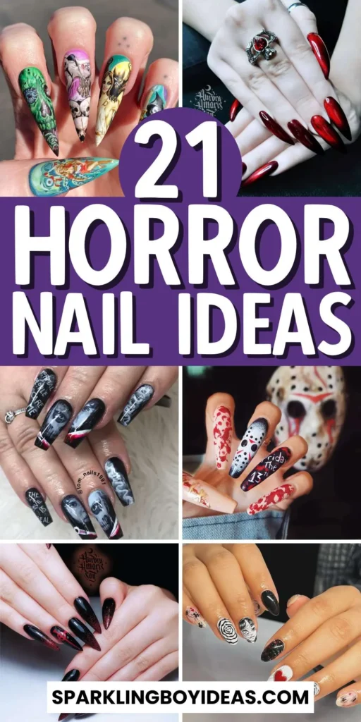 horror nails featuring creepy Halloween nails, zombie nails, and horror movie themed nails with eerie details.