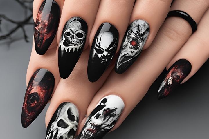 horror nails featuring creepy Halloween nails, zombie nails, and horror movie themed nails with eerie details.