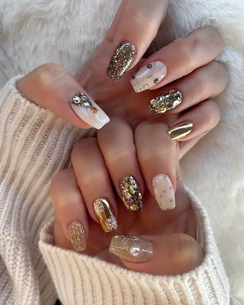 elegant winter nails with blue Christmas nails and delicate snow nail art, perfect for the festive season.