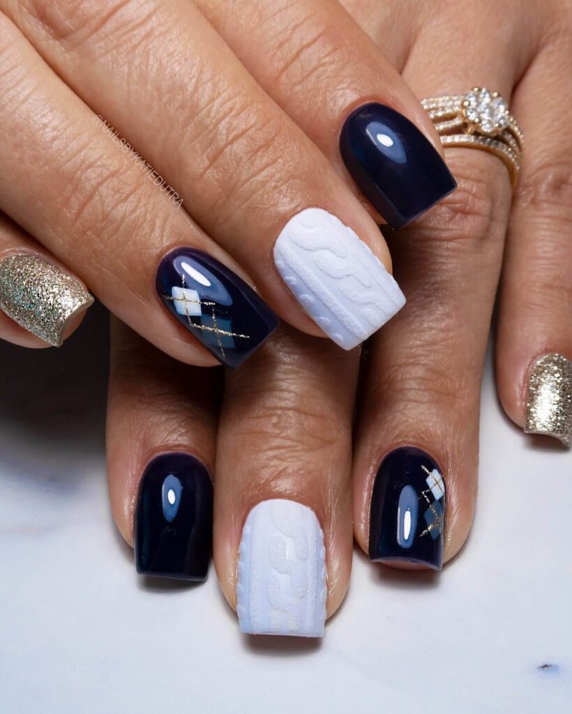 elegant winter nails with blue Christmas nails and delicate snow nail art, perfect for the festive season.