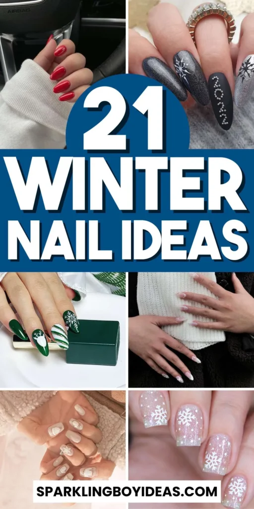 elegant winter nails with blue Christmas nails and delicate snow nail art, perfect for the festive season.