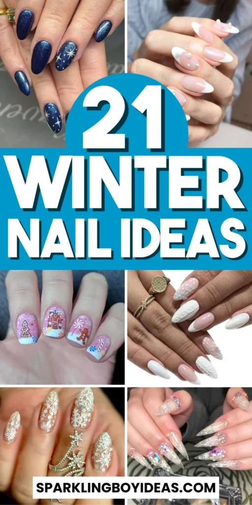 elegant winter nails with blue Christmas nails and delicate snow nail art, perfect for the festive season.