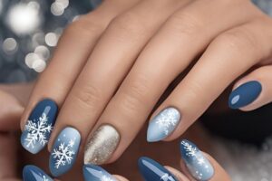 elegant winter nails with blue Christmas nails and delicate snow nail art, perfect for the festive season.