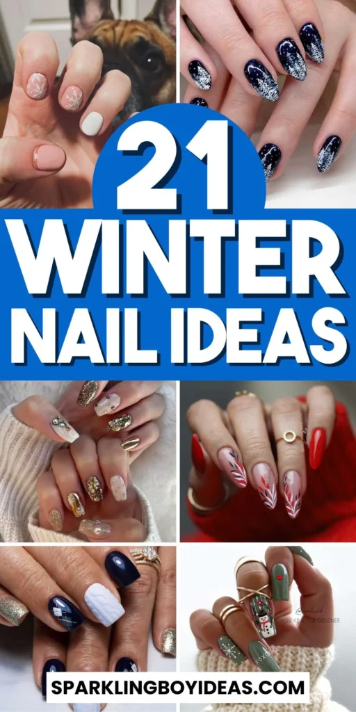 elegant winter nails with blue Christmas nails and delicate snow nail art, perfect for the festive season.