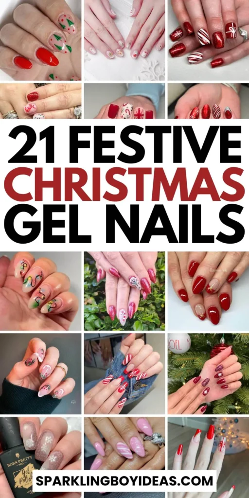 Festive Christmas gel nails featuring red, green, and white designs, including snowflakes, candy cane stripes, and Christmas tree accents.