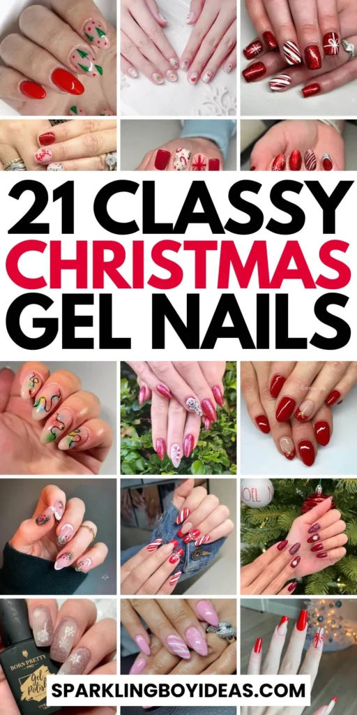 Festive Christmas gel nails featuring red, green, and white designs, including snowflakes, candy cane stripes, and Christmas tree accents.