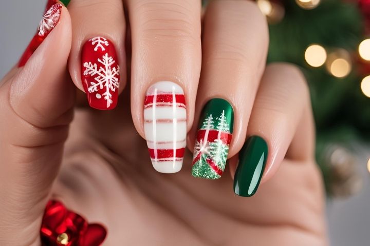 Festive Christmas gel nails featuring red, green, and white designs, including snowflakes, candy cane stripes, and Christmas tree accents.