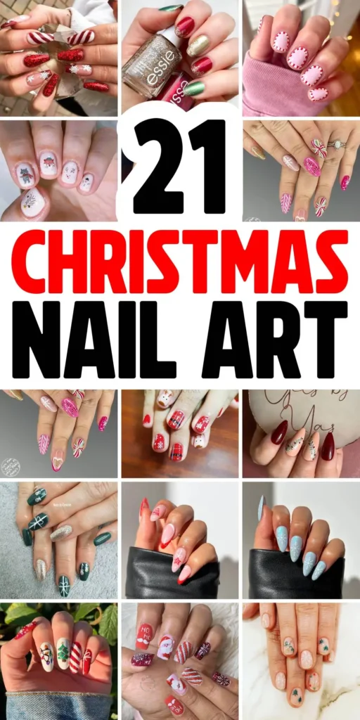 Festive Christmas nail art designs featuring snowflakes, candy cane stripes, and gingerbread nail details.