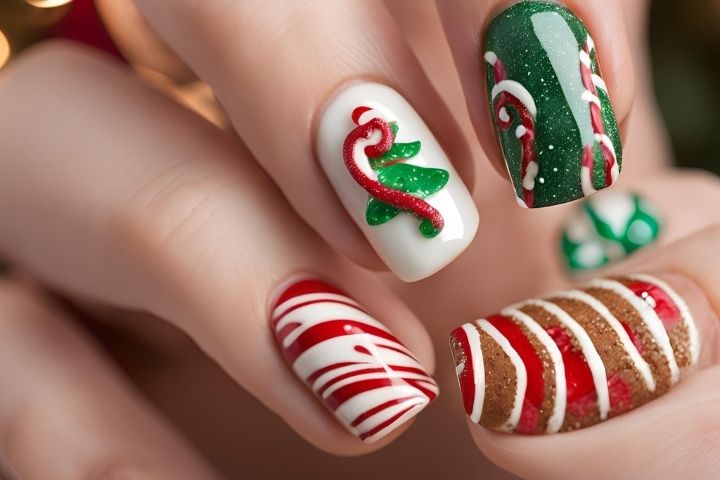 Festive Christmas nail art designs featuring snowflakes, candy cane stripes, and gingerbread nail details.