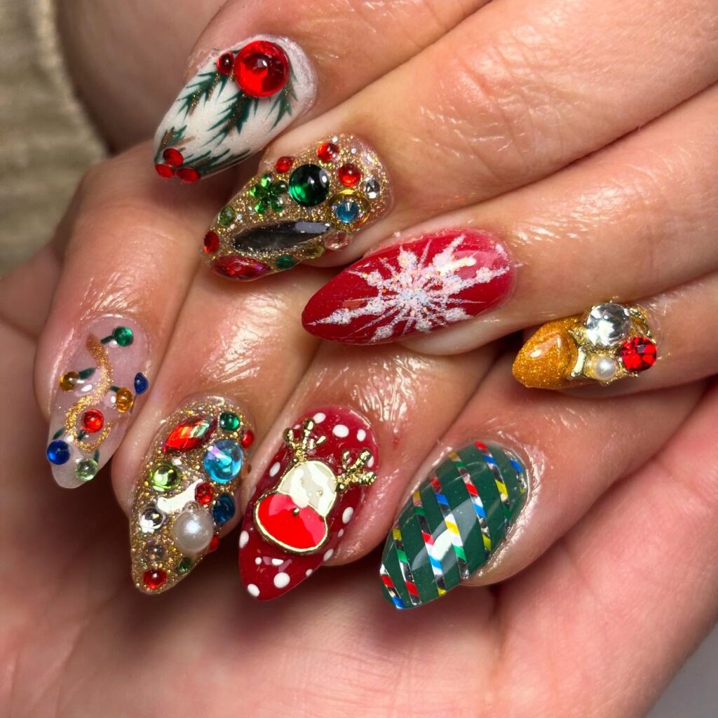 Vibrant nail art featuring mixed rhinestones in various colors and shapes for a unique, eye-catching manicure