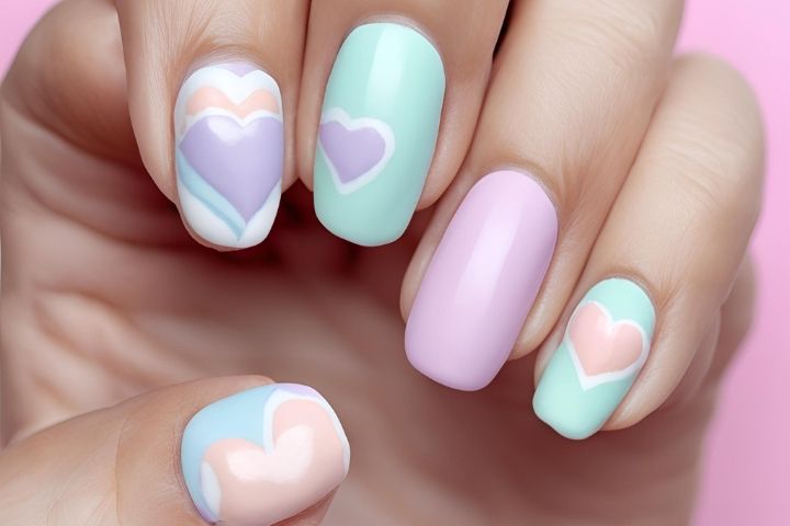 Soft pastel nails with candy heart designs featuring phrases like 'Be Mine' and 'XOXO,' perfect for Valentine’s Day