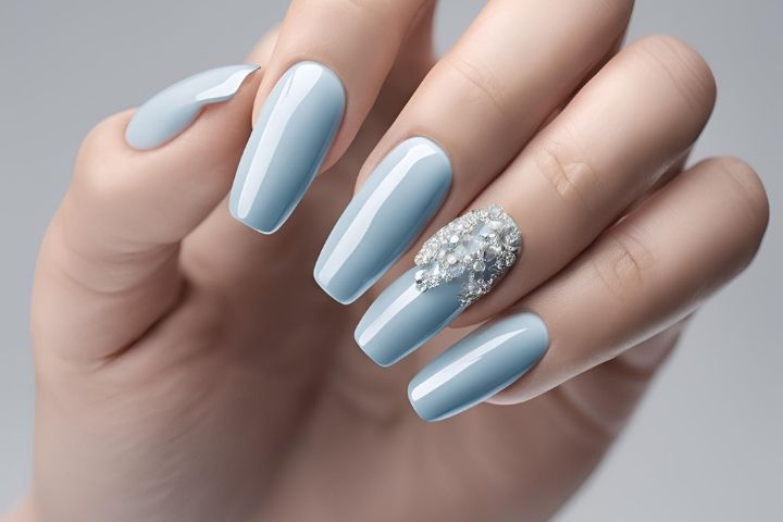 Elegant ice blue nails with a glossy finish, perfect for a clean and sophisticated feminine look.