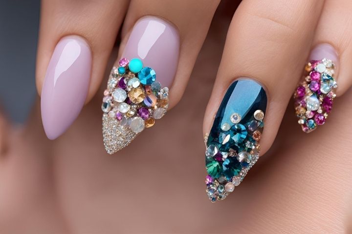 Vibrant nail art featuring mixed rhinestones in various colors and shapes for a unique, eye-catching manicure