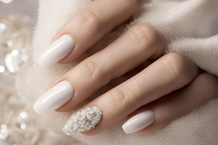 Elegant milky white nails adorned with Swarovski crystals for a timeless and luxurious manicure